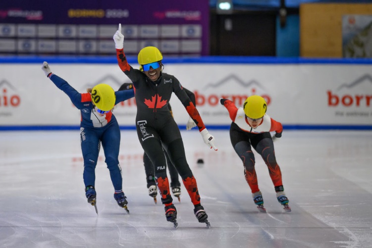 A group of people skating on iceDescription automatically generated